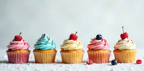 Assorted colorful cupcakes, snowy white backdrop, treat, happy