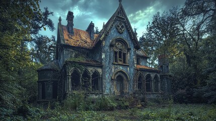 Fototapeta premium Enigmatic Gothic Mansion: A Dark Fairy Tale in the Woods