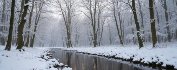 Obraz premium Snow-covered trees along river in wintertime at Clingendael forest, Nature, Cold, Snow-covered
