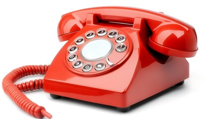 Red rotary phone sits on white background