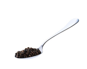 black peppercorns in a metal spoon isolated on white background.