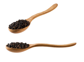 black peppercorns in a wooden serving scoop isolated on white background.