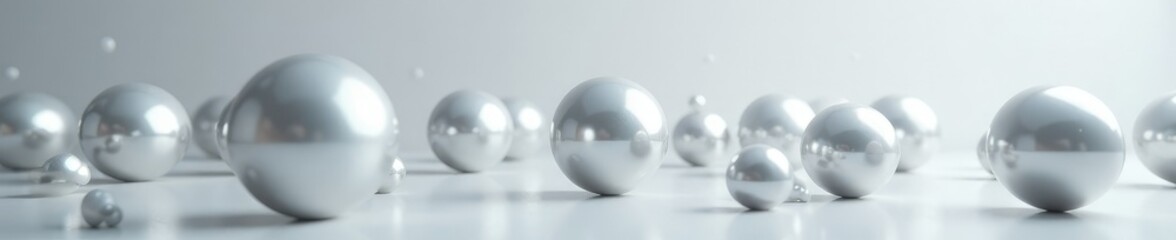 A minimalist arrangement of gleaming silver spheres suspended in mid-air, serene, pure