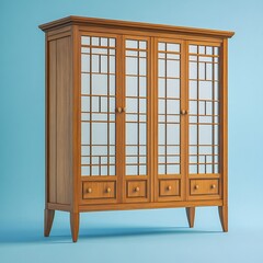 Stylish wooden wardrobe with mirrored doors on vibrant background 