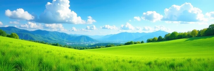 Naklejka premium A serene scene of a green grass field under a brilliant blue sky with cumulus clouds and distant mountain peaks, Landscapes, Spring, Summer