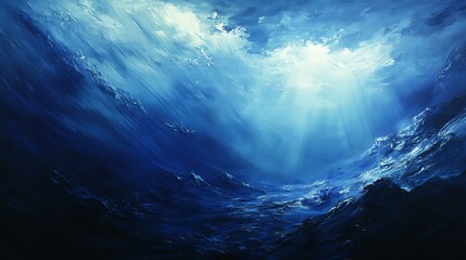Fototapeta premium A dramatic deep-sea composition where beams of sunlight struggle to penetrate the infinite blue abyss