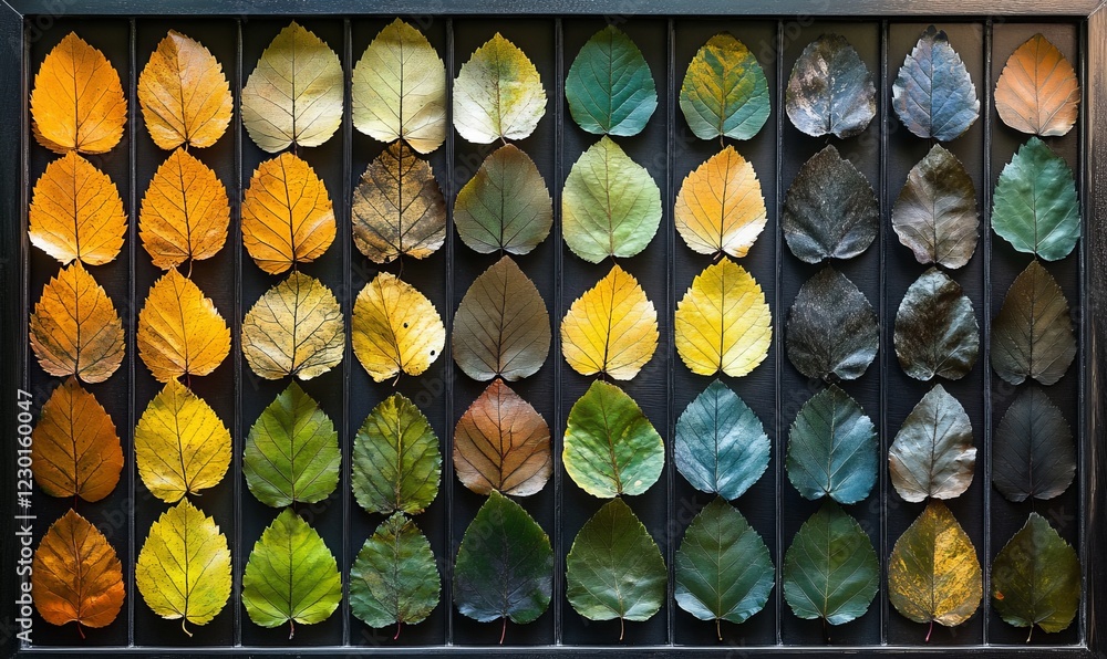 Poster autumn leaves arranged in a grid showing a spectrum of colors from yellow to dark green.