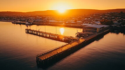 A golden sunset over Port Lincoln, casting a warm glow on the wharf and its shimmering reflection in the quiet sea