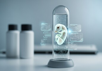 Futuristic biotech laboratory with holographic embryo sample in glass container