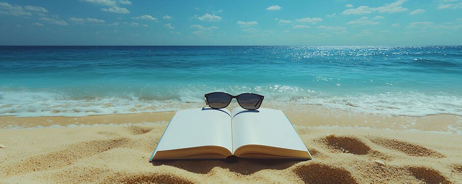 Relaxing summer vacation scene open book and sunglasses on a sandy beach with turquoise ocean waves. Perfect for travel, summer, relaxation, and holiday themes. - Powered by Adobe