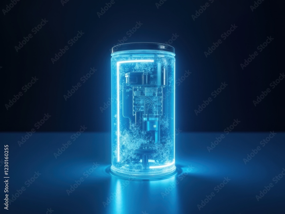 Poster advanced technology encapsulated in a glowing container showcases intricate design and futuristic el