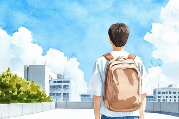 A young person stands with a backpack, gazing at a bright sky filled with clouds, evoking a sense of exploration and freedom.
