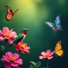 Fototapeta premium Colorful butterflies and hummingbirds in a garden, butterflies, hummingbirds, butterflies