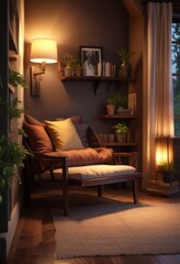 Fototapeta premium Soft Focus Reading Nook with Dark Wood Tones and Warm Lighting, bookshelves, cozy corner