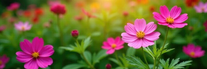 Obraz premium Colorful rose cosmos blooms on bright green leaves, garden, flowers