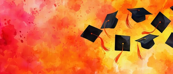 A vibrant, colorful background features flying graduation caps, symbolizing achievement and celebration in education.