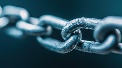 Mechanical components close-up industrial chain links against a blue abstract background