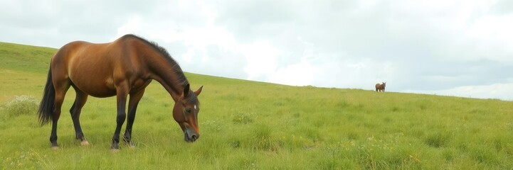 Fototapeta premium Horse grazing peacefully in lush green meadow under cloudy sky, grassy field, England, rural