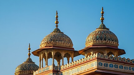 Fototapeta premium A majestic view of Chandra Mahal at Jaipur City Palace, showcasing its intricate architecture with a clear blue sky in the background