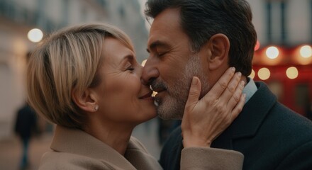 Naklejka premium Romantic moment between mature caucasian couple embracing in a city street during winter evening