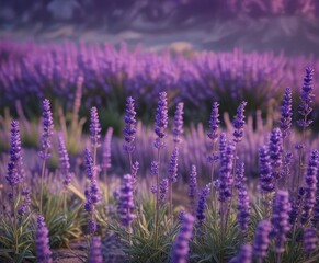 Obraz premium Softly swaying lavender stalks amidst a sea of purple hues , gentle breeze, nature's beauty
