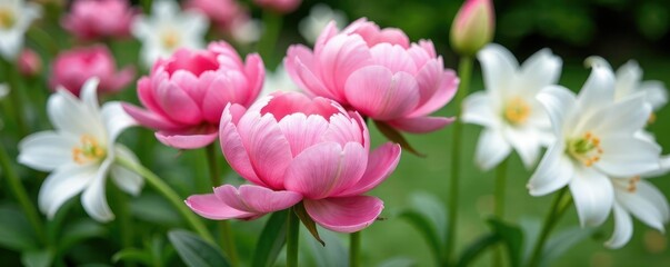 Obraz premium Soft pink peonies in a garden against white lily and ranunculus flowers, petals, white lilies