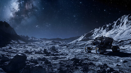 carrying tourists across the rugged terrain of the moon under a starry sky 
