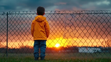 Young Child in Yellow Raincoat Watching Sunset Through Chain Link Fence with Dramatic Sky and Vibrant Colors in Rural Landscape Setting