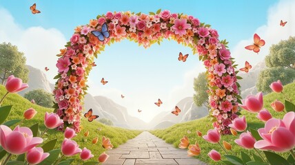 Obraz premium A heart made of pink flowers and butterflies.