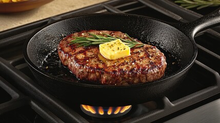 Grilled Steak Cooking in Cast Iron Skillet with Butter and Fresh Herbs on Stove