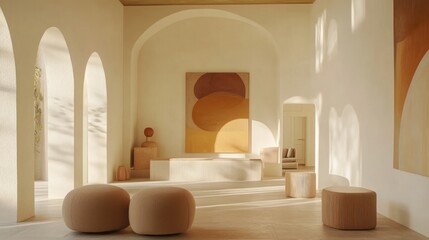 Serene Minimalist Interior Design: Sunlit Beige Room with Abstract Art