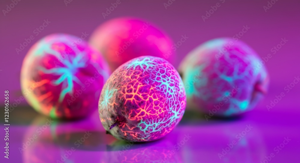 Poster four glowing neon eggs with iridescent patterns on reflective surface