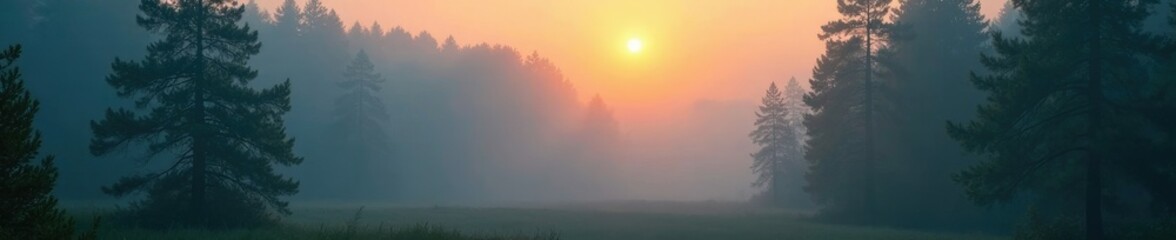 Fototapeta premium Foggy dawn in dense forest, trees swaying gently, mist, trees