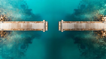 A panoramic shot capturing the symmetrical reflection of a wharf in the undisturbed blue waters of Port Lincoln