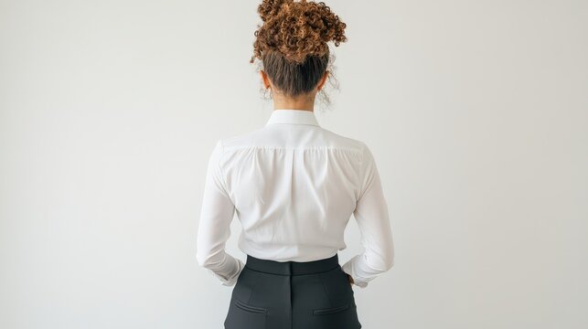 Woman in white shirt and black pants stands facing away