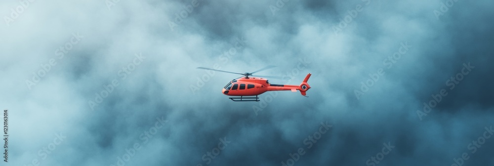 Fototapete High-Tech Aerial Rescue Dynamic Helicopter in Hazy Skies - Showcasing Cutting-Edge Firefighting Operations and Emergency Response Efficiency in Challenging Environments