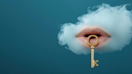 Golden Key Suspended in Misty Cloud, Emerging from Lips, Symbolizing Secrets and Hidden Truths in Dreamlike Conceptual Art Composition