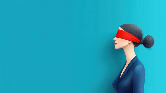 Abstract profile of a woman with a red blindfold against a blue background, symbolizing intuition, mystery, and the unseen elements of life and decision-making.