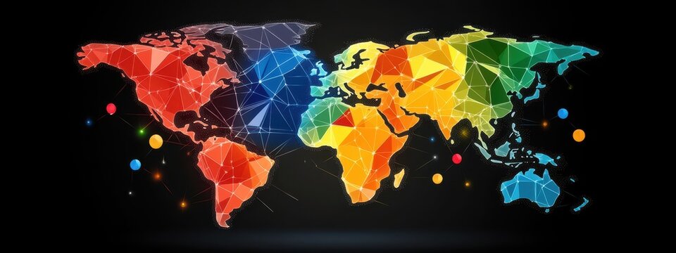 Colorful Geometric World Map Representation with Connected Nodes in a Dark Background for Global Networking and Travel Illustrations