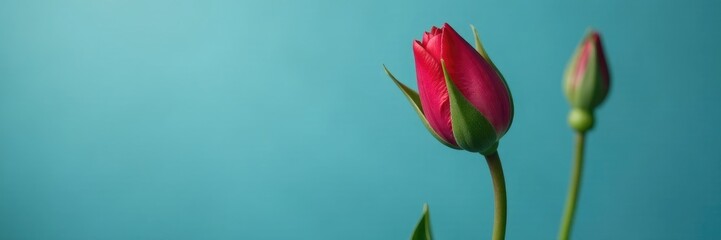 Freshly opened red flower bud on a muted blue background, growth, leafy, nature photography