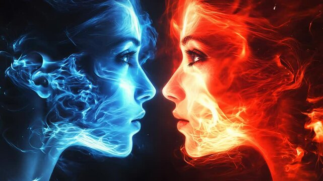Portrait Of Two Women With Fiery And Icy Auras Representing Contrast And Duality