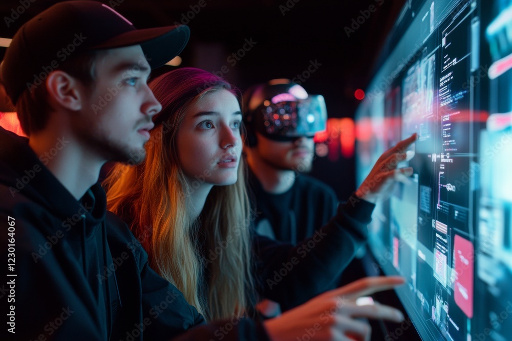 Leinwandbilder neon-futuristic collaboration diverse young team in vr studio using holographic interfaces for innov