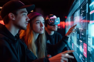 Neon-Futuristic Collaboration Diverse Young Team in VR Studio Using Holographic Interfaces for Innovative Tech Design and Digital Marketing Solutions