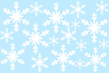 Christmas seamless pattern of snowflakes, white on light blue background.