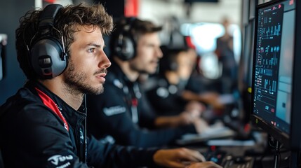 A team monitoring live data in a control room during an endurance race,
