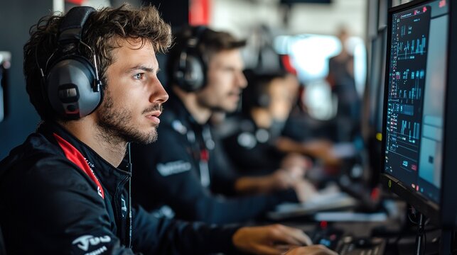 A team monitoring live data in a control room during an endurance race,