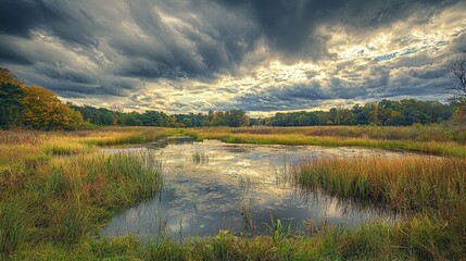 Obraz premium Autumnal Marsh Under Dramatic Sky: A Serene Landscape