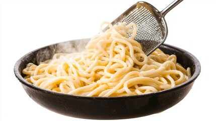 Steam rises from freshly cooked pasta strands in a black skillet on a white background