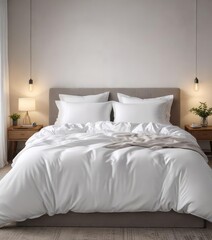 Large white duvet on a plush bed with minimal decor, simple, comforter, clean
