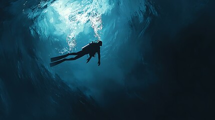 A scuba diver peacefully moves through the deep blue sea, with calm water surrounding them, evoking a sense of freedom and exploration